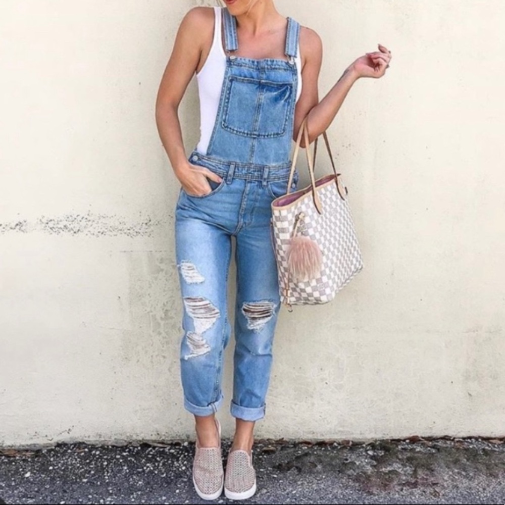 H&M Light Washed Destroyed Denim Overalls